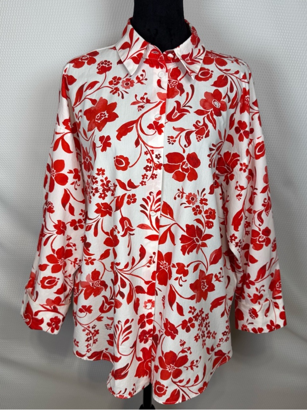 Zara Red & White Floral Button Front Blouse XL Cotton Cuffed Cottagecore Boho